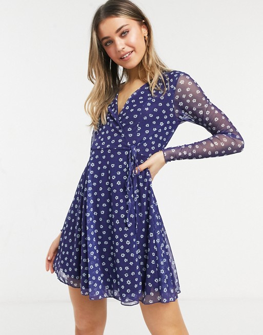 ASOS DESIGN mesh wrap mini dress with long sleeve in blue floral print