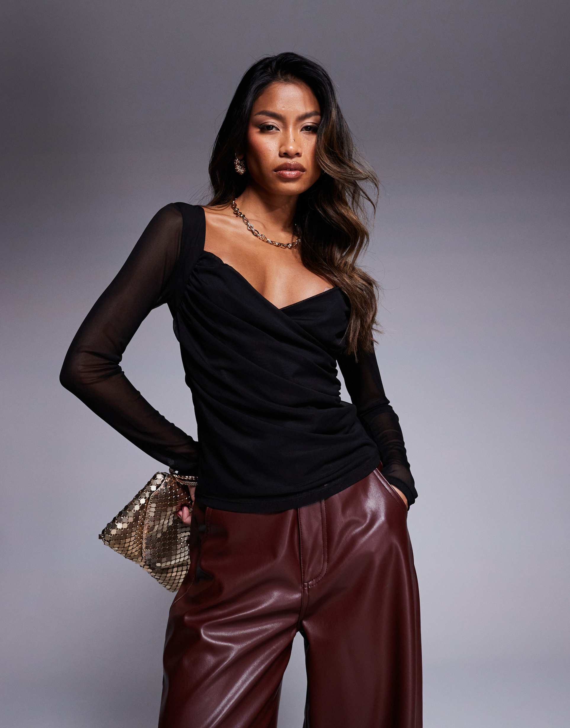 asos design mesh wrap sweetheart top in black