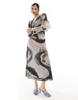 ASOS DESIGN mesh wrapped bodice midi dress in swirl print