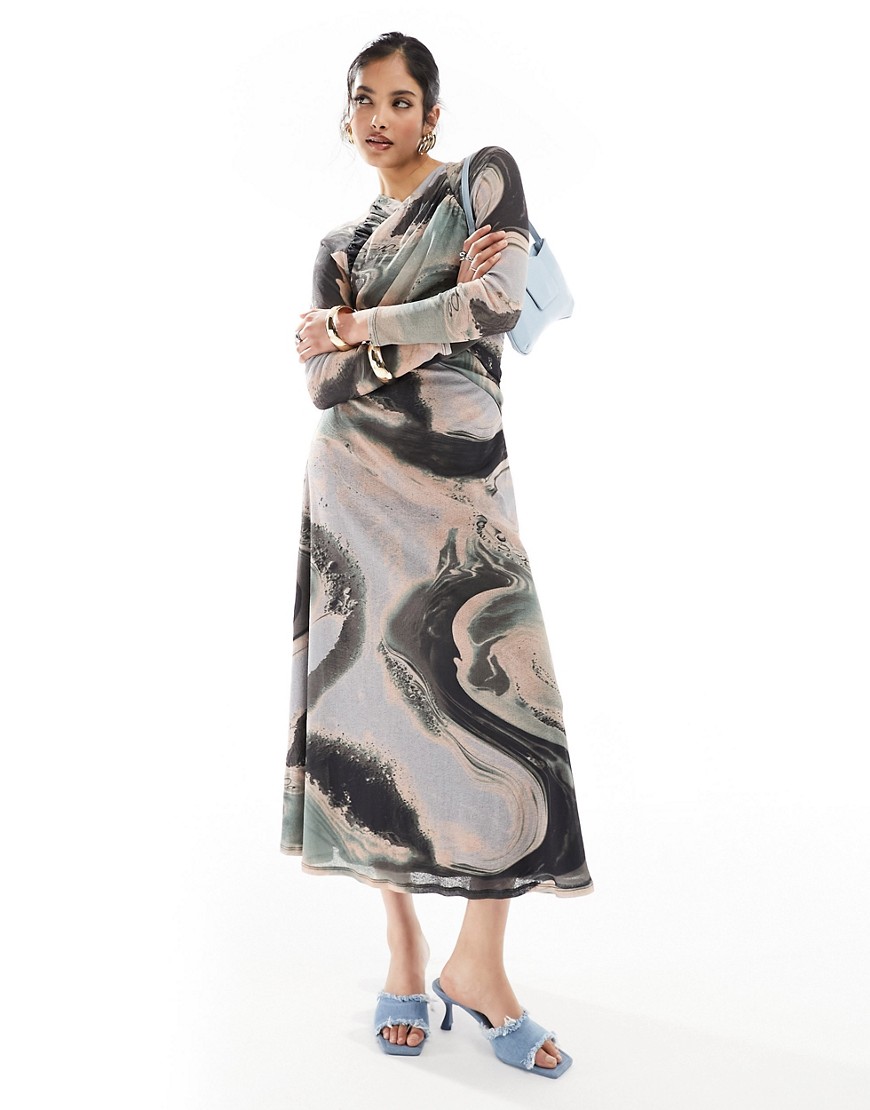 Asos Design Mesh Wrapped Bodice Midi Dress In Swirl Print-multi