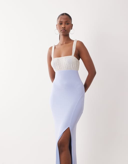 ASOS DESIGN meshkjole med prikker, mikro-rynket buste, maxi med høj slids i lys blå, 2 af 4