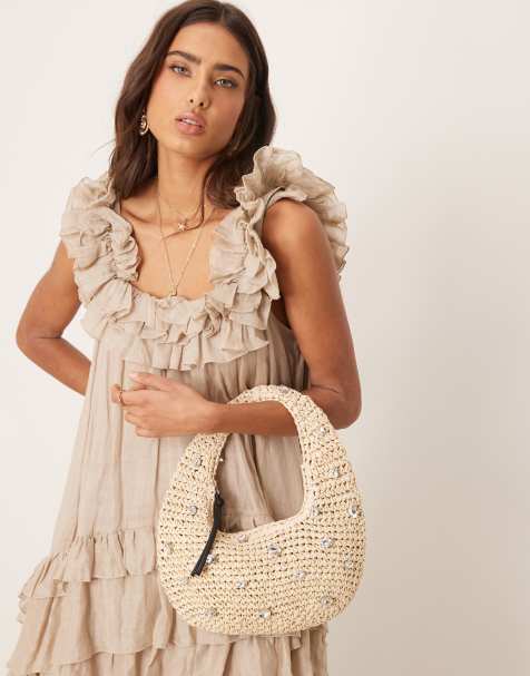 ASOS DESIGN - Met de hand gehaakte halfronde schoudertas van stro in naturel met kristallen detail - view 1