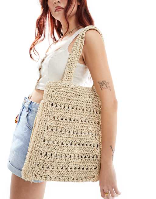 ASOS DESIGN - Met de hand gehaakte vierkante tote tas van stro met opengewerkte steken 