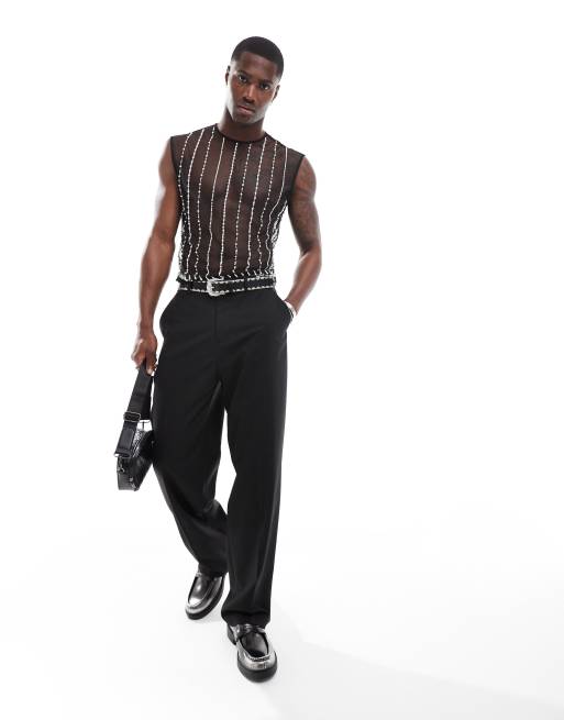 ASOS DESIGN - Met de hand versierd recht regular-fit overhemd zonder mouwen in zwart