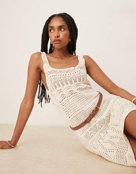 ASOS DESIGN - Met gehaakte steek gebreide mini jurk in ecru - view 1
