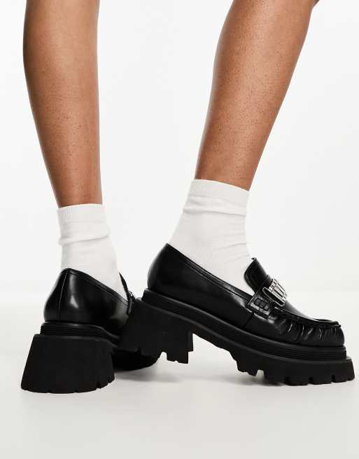ASOS DESIGN Meta chunky loafer with apron trim in black | ASOS
