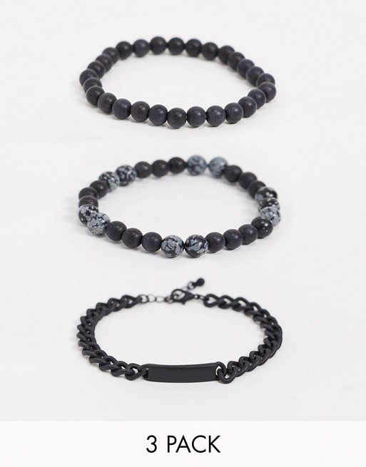 ASOS DESIGN metal and beaded bracelet pack in black
