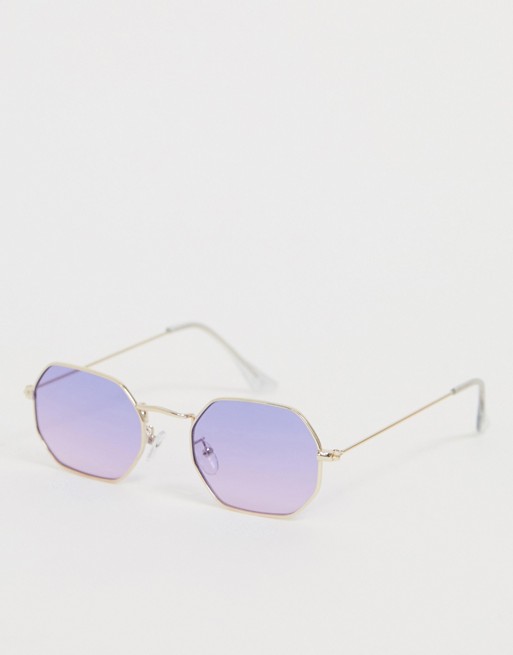 ASOS DESIGN metal angled sunglasses in pale gold with lilac lenses