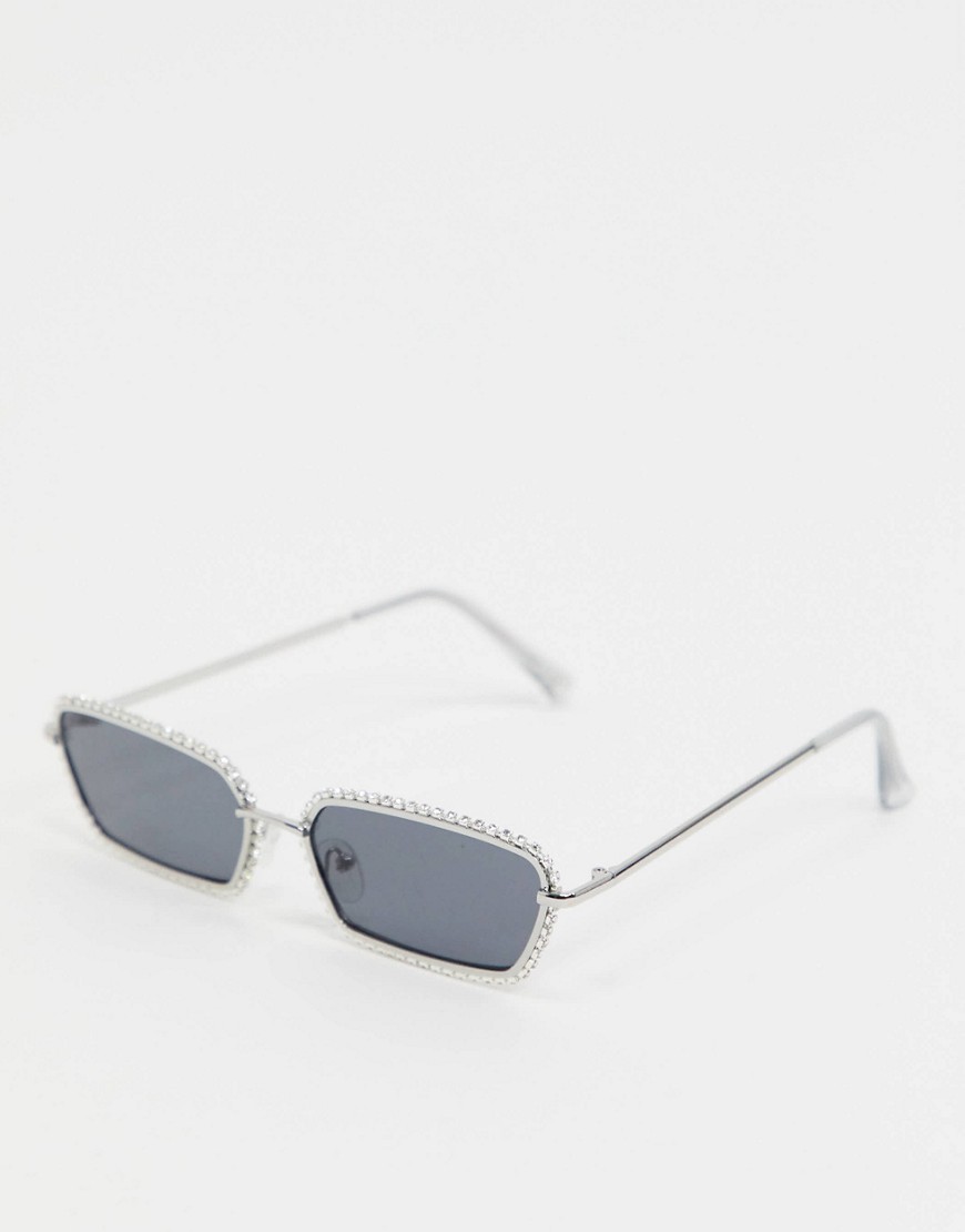 ASOS DESIGN metal angled sunglasses with crystal detail and smoke lens-Silver