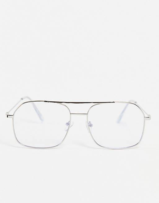 ASOS DESIGN metal aviator clear lens glasses with blue light in silver