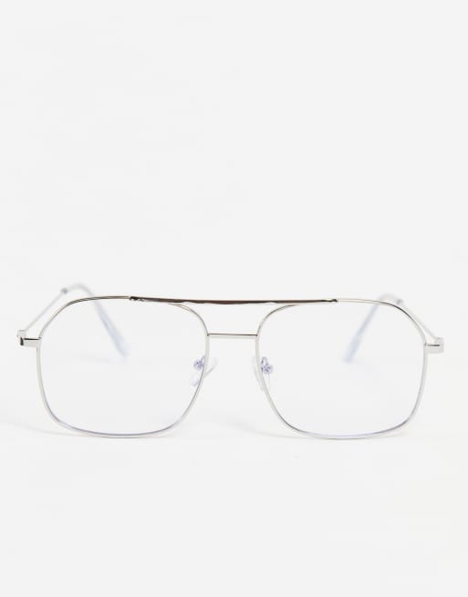 ASOS DESIGN metal aviator clear lens glasses with blue light in silver