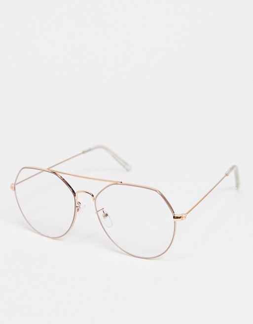 ASOS DESIGN metal aviator clear lens fashion glasses in rose gold