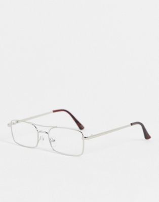 ASOS DESIGN metal aviator fashion glasses with clear lens in silver