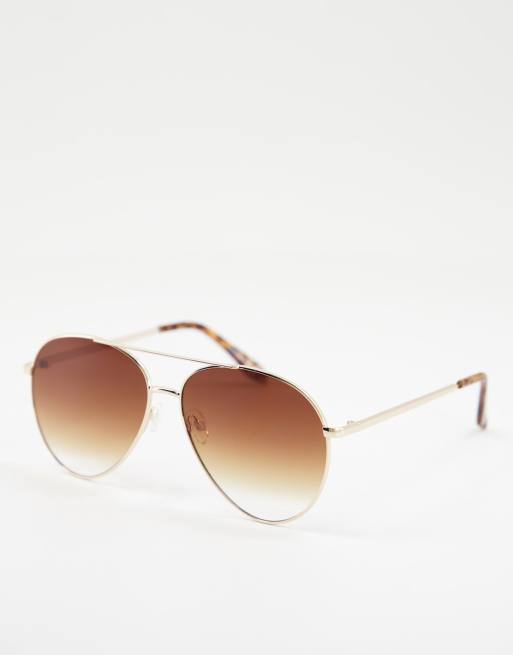 Asos Design Metal Aviator Sunglasses In Gold With Brown Lens Asos 