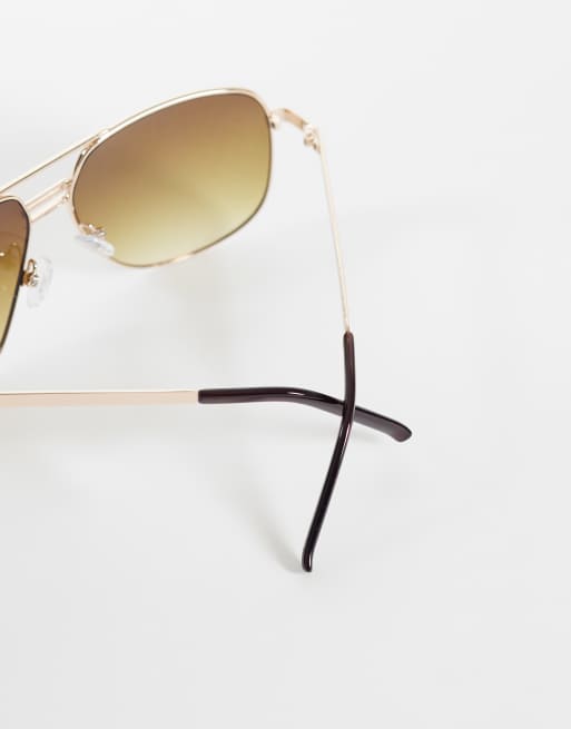 ASOS DESIGN metal aviator sunglasses with gold-tone frames and brown lenses, 2 of 3