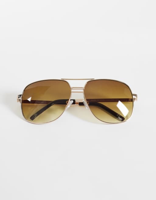 ASOS DESIGN metal aviator sunglasses with gold-tone frames and brown lenses, 3 of 3