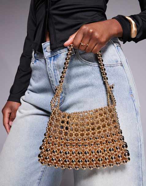 ASOS DESIGN metal beaded adjustable strap clutch bag in gold - view 1