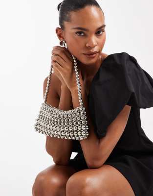 ASOS DESIGN metal beaded clutch bag in silver tone