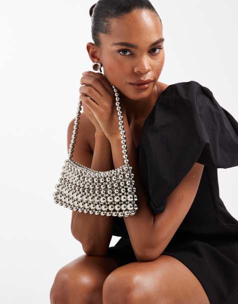 ASOS DESIGN metal beaded clutch bag in silver - view 1