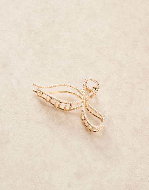 ASOS DESIGN metal hair claw in bow design with pearl detail, 2 of 3