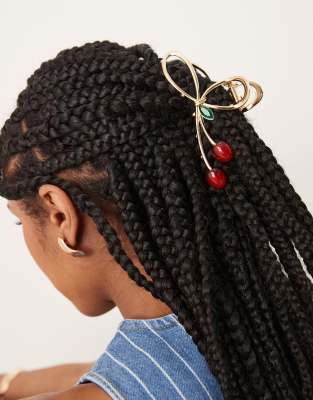 Asos Design Metal Hair Claw With Cherry Enamel Design-gold