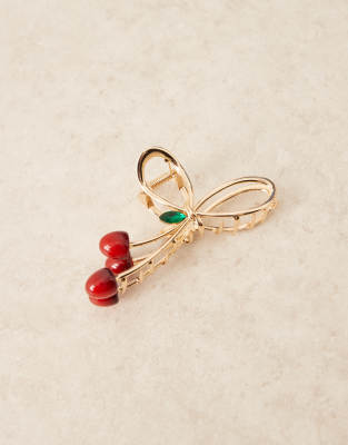 Asos Design Metal Hair Claw With Cherry Enamel Design-gold