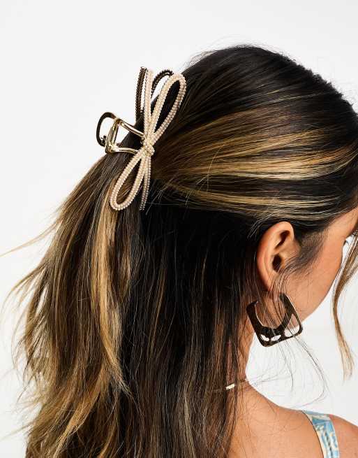 ASOS DESIGN hair claw clip with faux pearls in gold tone