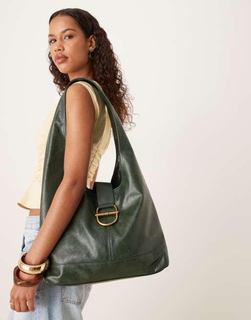 ASOS DESIGN metal hardware tote bag in dark green, 3 of 4