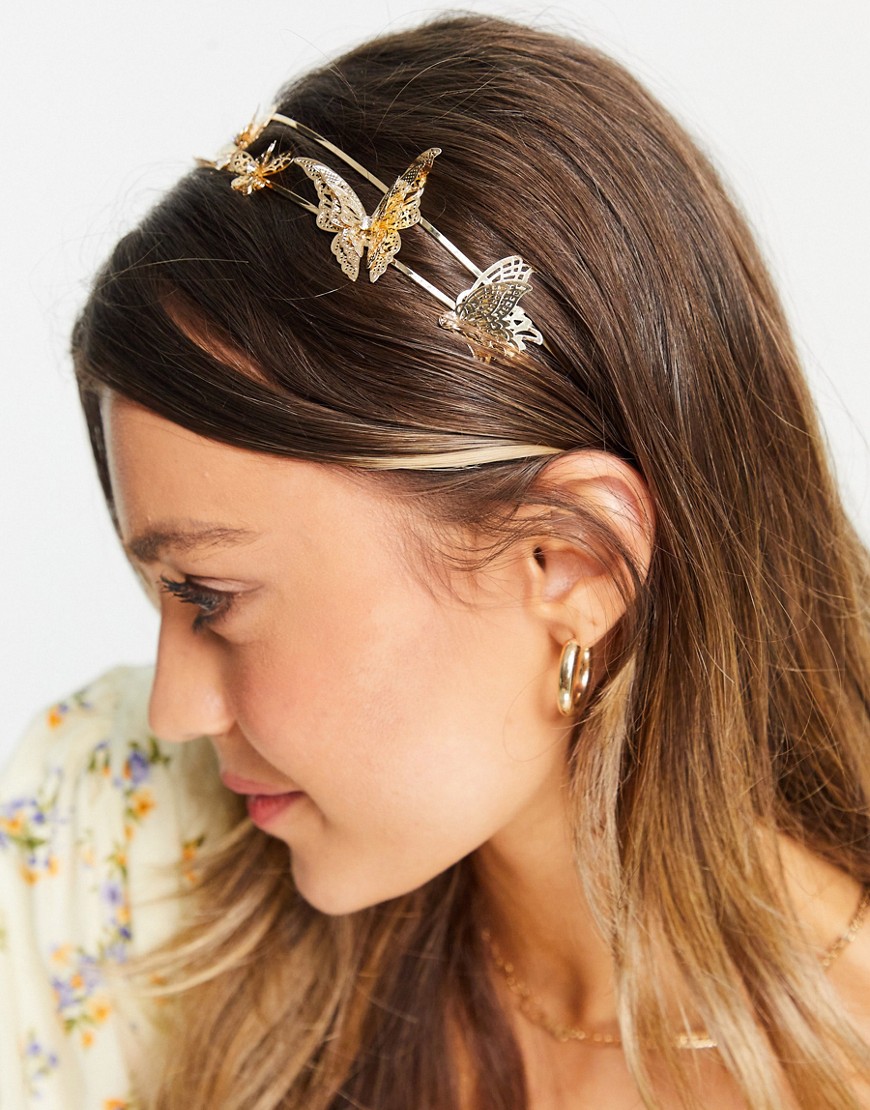 ASOS DESIGN metal headband with butterfly detail-Gold