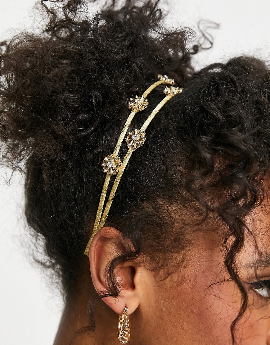 ASOS DESIGN metal headband with flower detail-Gold