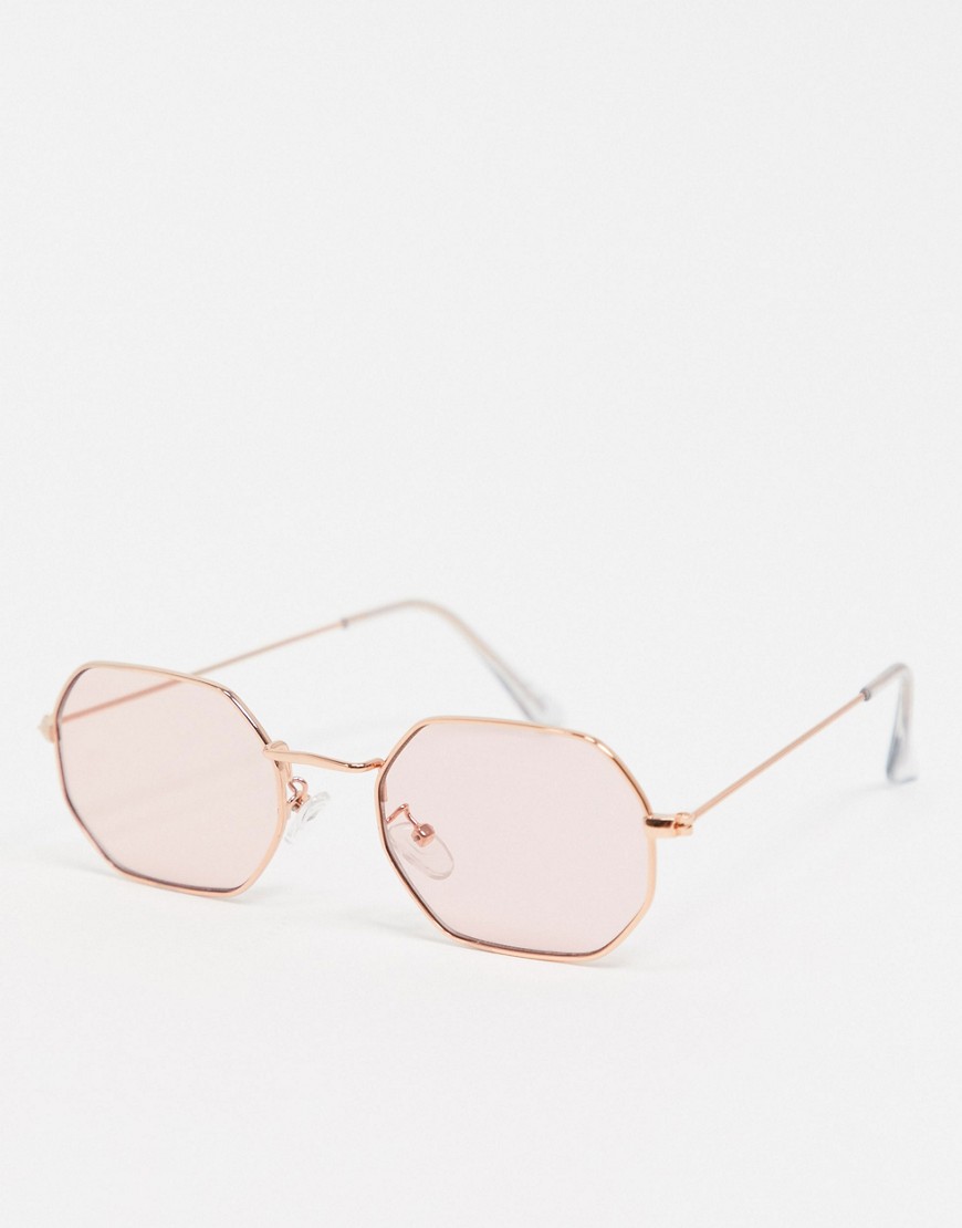 ASOS DESIGN metal hexagon shaped sunglasses in rose gold with pink lens