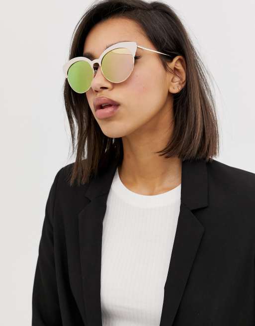 ASOS DESIGN metal cat eye sunglasses in gold with pink lens