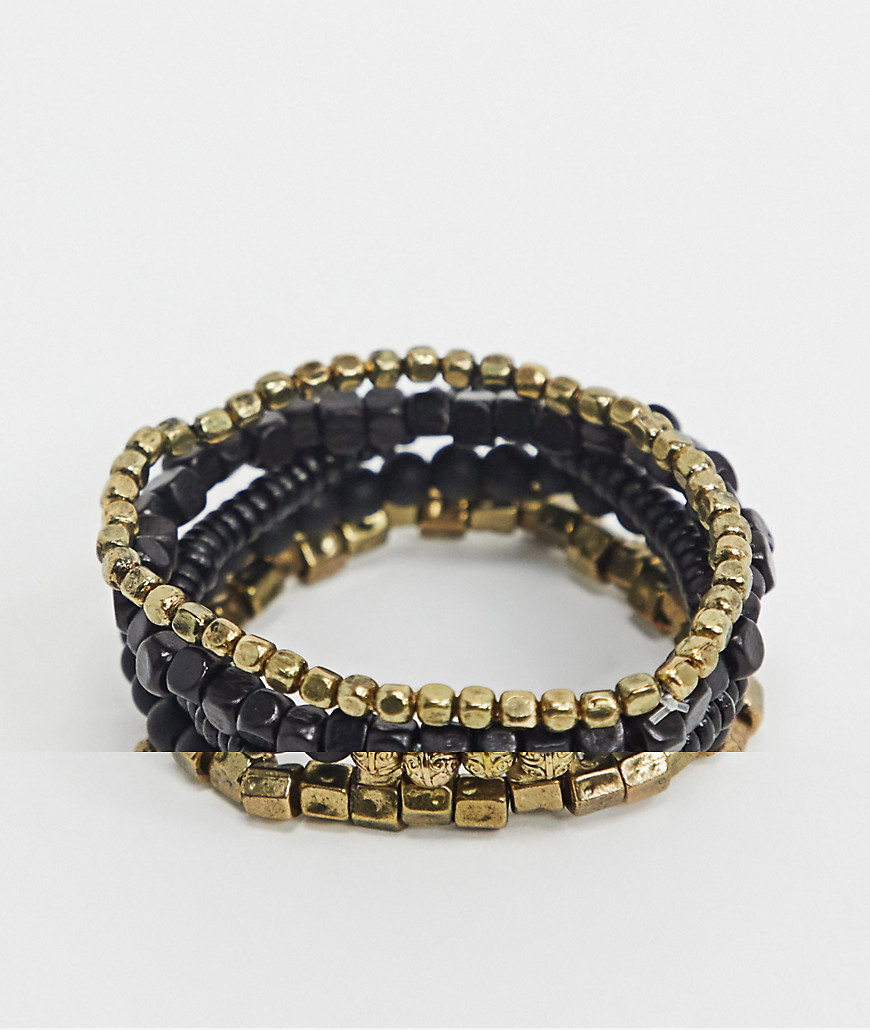 ASOS DESIGN metal mix beaded bracelet pack in black and burnished gold tone