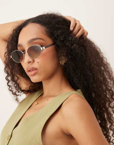 ASOS DESIGN metal oval sunglasses in shiny silver with tort arms and grad green lens - view 1