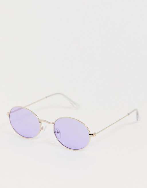 ASOS DESIGN metal oval sunglasses in silver with lilac lens