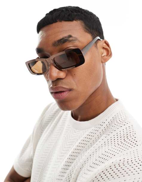 ASOS DESIGN metal rectangle sunglasses in brown - view 1