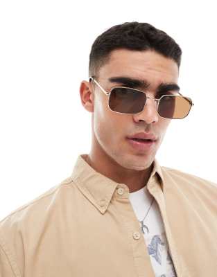 Asos Design Metal Rectangle Sunglasses With Brown Lens In Gold