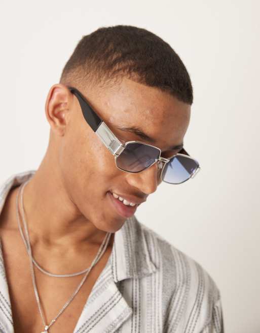 ASOS DESIGN metal rectangle sunglasses with silver and black frame and blue lens