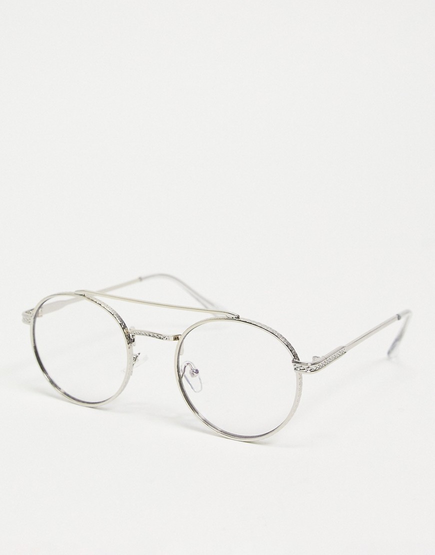 ASOS DESIGN metal round clear lens blue light glasses with brow bar in silver