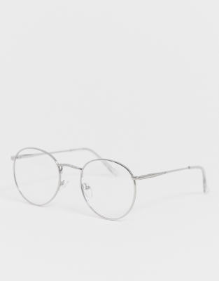 ASOS DESIGN metal round clear lens glasses in silver