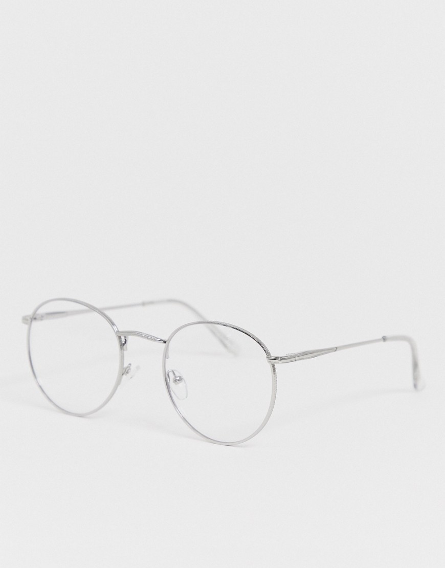 ASOS DESIGN metal round clear lens glasses in silver