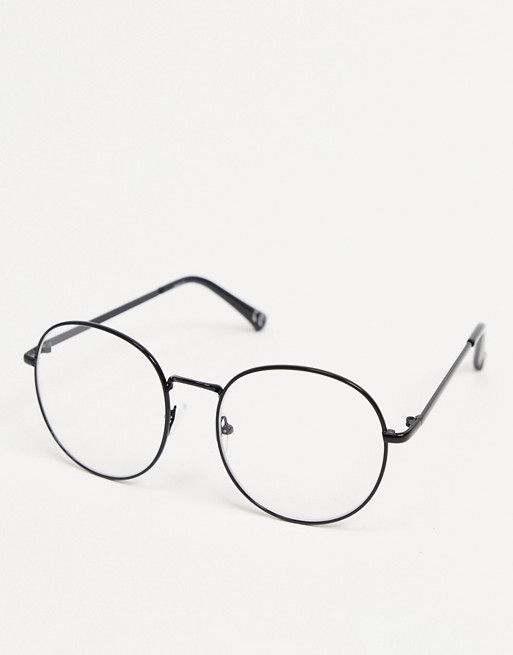 ASOS DESIGN metal round fashion glasses in black with clear lens