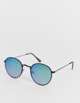 Asos Design Metal Round Sunglasses In Black With Green Mirror Lens Asos 