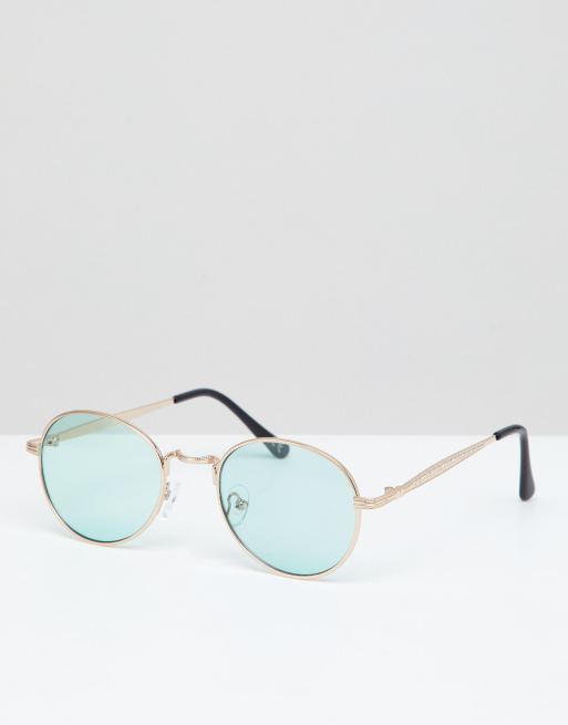 Asos Design Metal Round Sunglasses In Gold With Green Lens Asos 