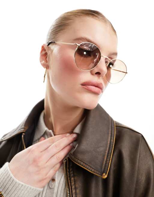 Asos Design Metal Round Sunglasses In Gold With Light Brown Lens Asos 4030