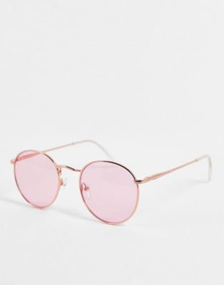 ASOS DESIGN metal round sunglasses in rose gold with pink lens