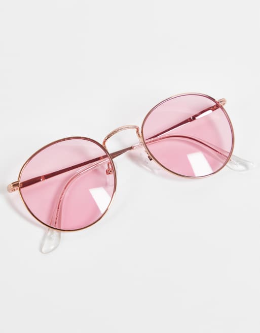 ASOS DESIGN metal cat eye sunglasses in gold with pink lens