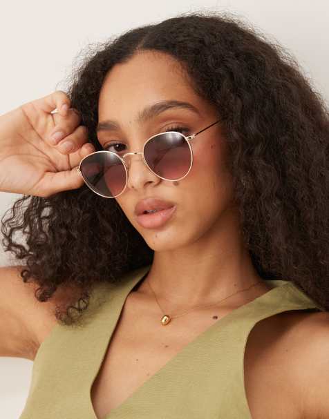 ASOS DESIGN metal round sunglasses with gradient pink lens in shiny gold - view 1