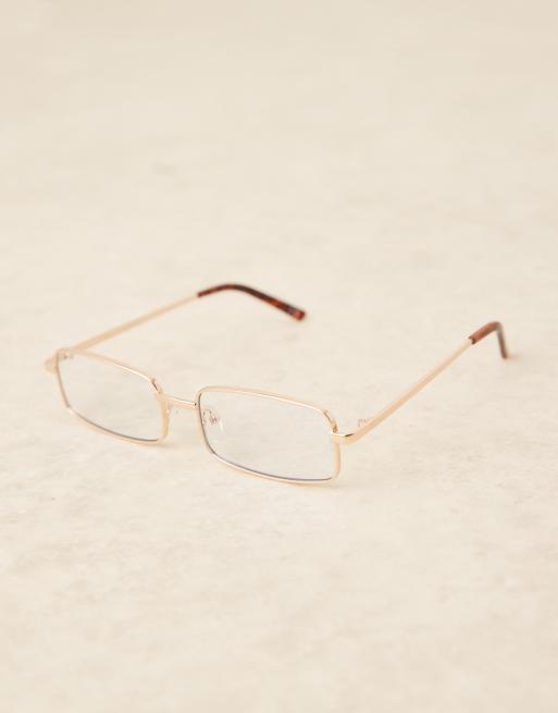 ASOS DESIGN metal square clear lens glasses in shiny gold with