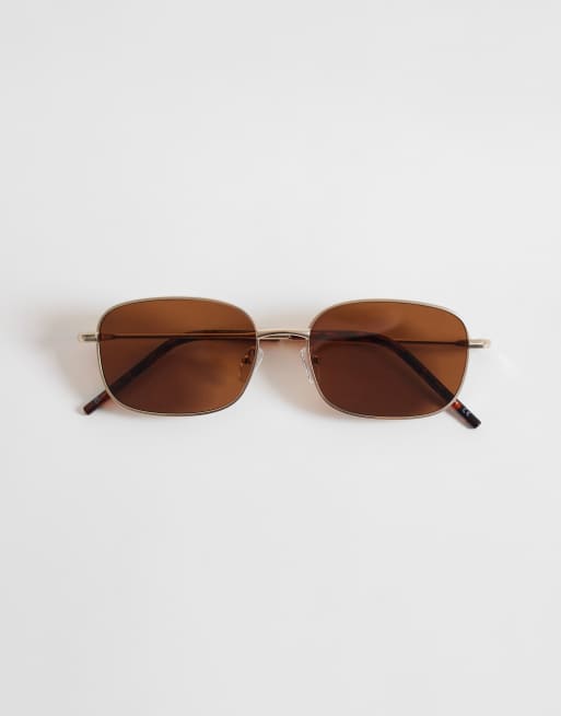 ASOS DESIGN metal square sunglasses with brown lens in pale gold, 3 of 3